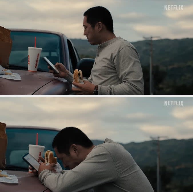 <div><p>"Oh my gosh, when he's in the pilot, eating all those Burger King sandwiches and then almost throws up but swallows and just keeps eating fries — so funny. I laughed so hard," she <a href="https://www.buzzfeed.com/victoriavouloumanos/ali-wong-beef-netflix-interview" rel="nofollow noopener" target="_blank" data-ylk="slk:said;elm:context_link;itc:0;sec:content-canvas" class="link ">said</a>.</p><p>"And then, in the church, when he starts to cry — that's a little bit sensitive. I pointed out to him that I laughed at that, and he was, at first, really taken aback and, I think, maybe a touch offended because, to him, it was so real and so serious. But that's what made it so funny, you know?"</p></div><span> Netflix</span>