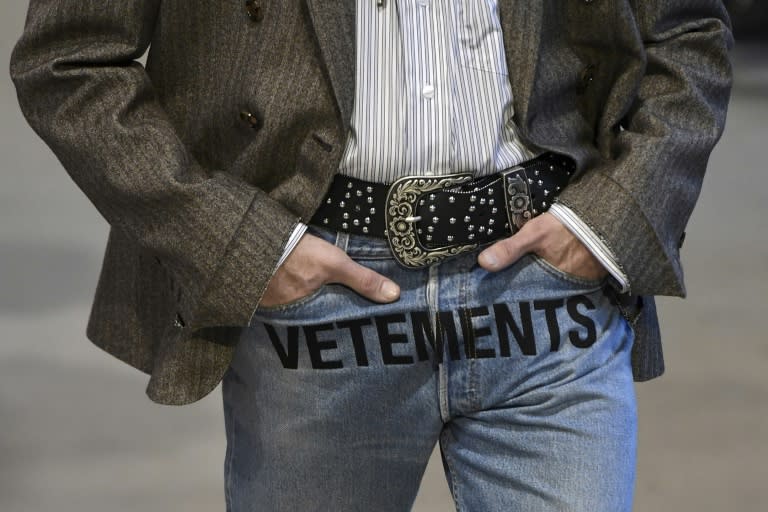 A model presents a creation for Vetements in Paris on January 24, 2017 in a ready-to-wear collection during an haute couture week show