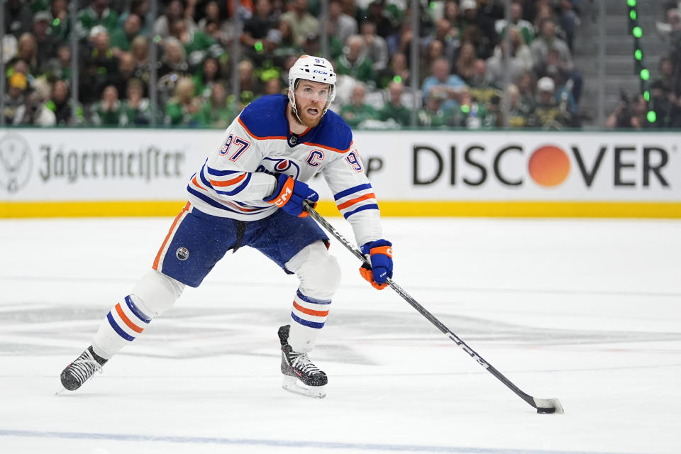 Edmonton Oilers center Connor McDavid (97) skates against the Dallas Stars during the second period of Game 5 of the Western Conference finals in the NHL hockey Stanley Cup playoffs Friday, May 31, 2024, in Dallas. (AP Photo/Julio Cortez)