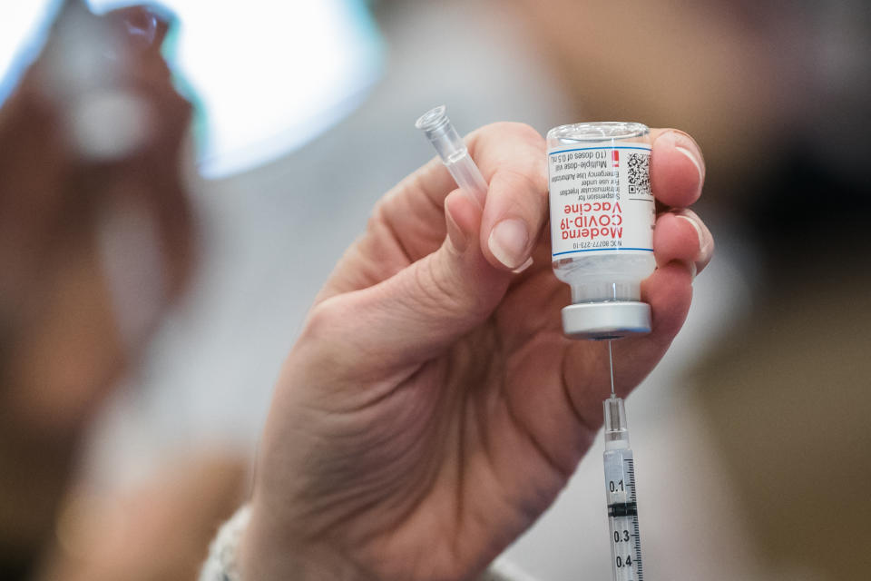 Syringes are prepared during a mass Covid-19 vaccination event held by the University of Texas Medical Branch.