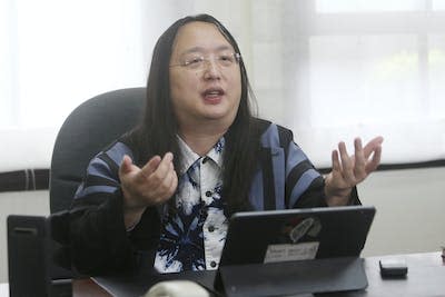 Taiwan’s Digital Minister Audrey Tang speaks during an interview in Taipei, Taiwan, in December 2020. (AP Photo/Chiang Ying-ying)