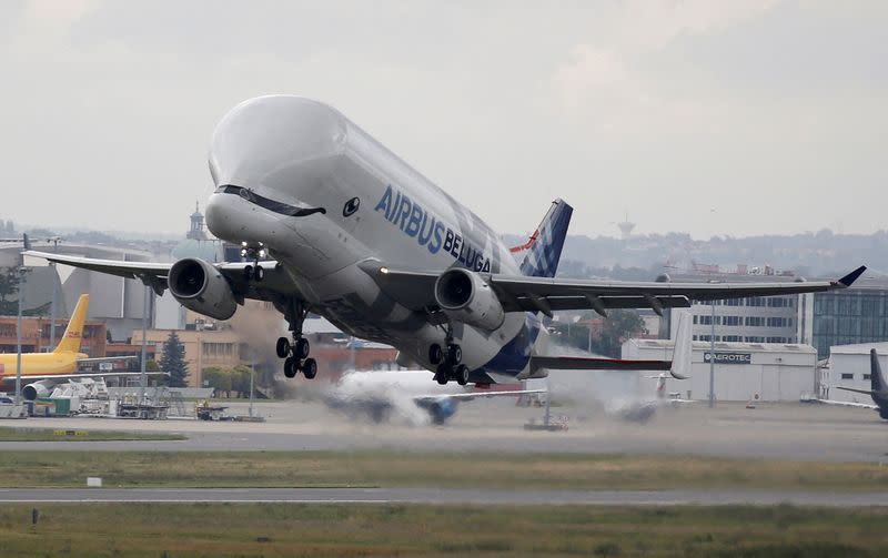 FILE PHOTO: An Airbus Beluga XL transport plane takes off in Blagnac near Toulouse