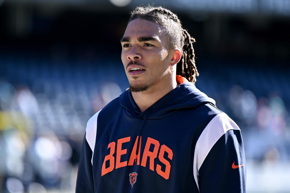 CHICAGO, ILLINOIS - NOVEMBER 06: Chase Claypool #10 of the Chicago Bears on the field prior to the game against the Miami Dolphins at Soldier Field on November 06, 2022 in Chicago, Illinois. (Photo by Quinn Harris/Getty Images)