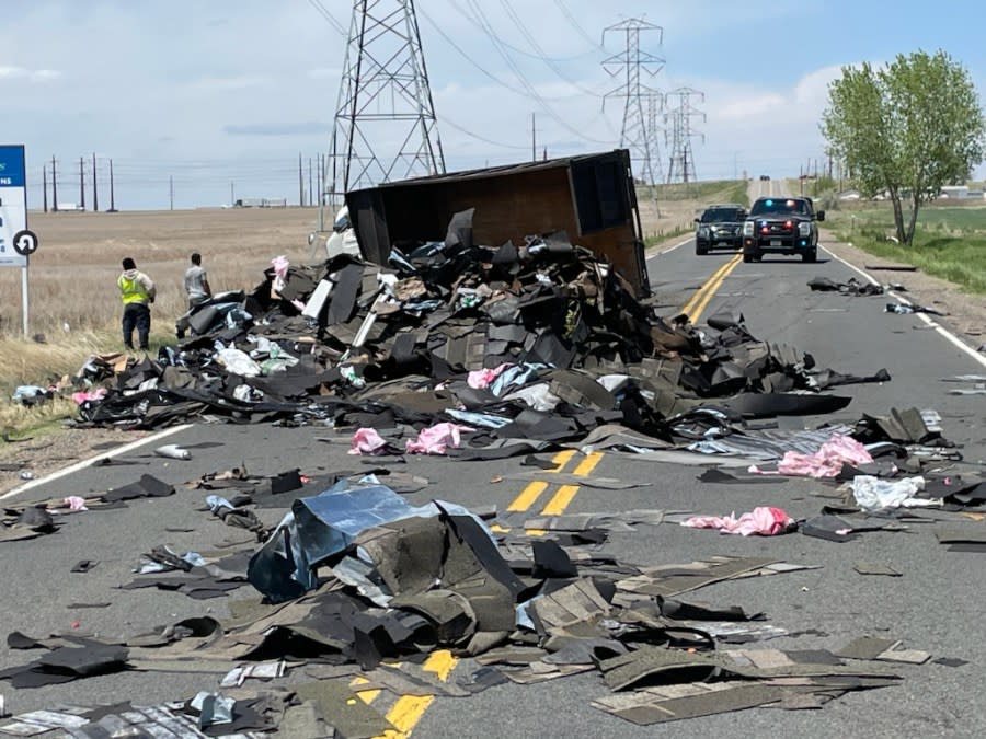 A rollover crash in Aurora closed the roadway due to spilled debris near East Colfax Avenue and Powhaton Road on May 20, 2024. (Aurora Police Department)