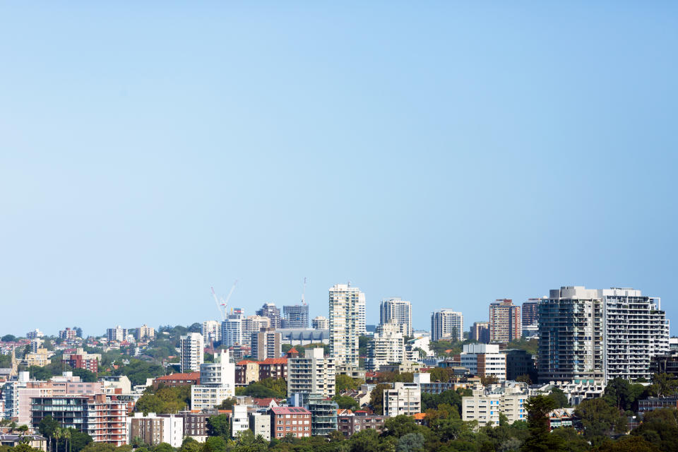 Skyline of Sydney Australia against blue sky, full frame horizontal composition with copy space