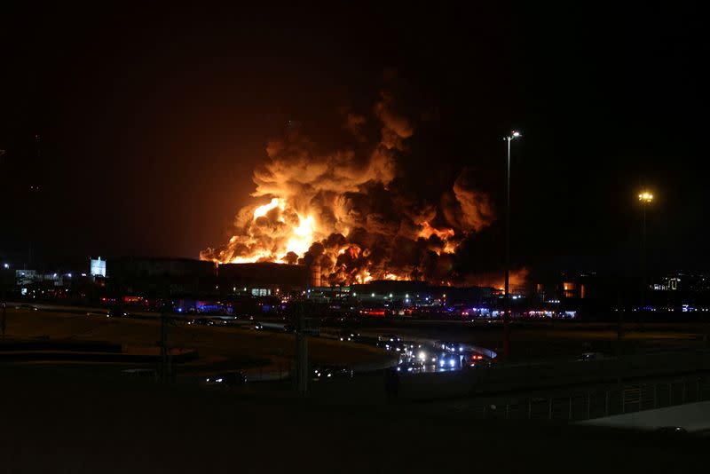 A view of a fire at Saudi Aramco's petroleum storage facility, in Jeddah