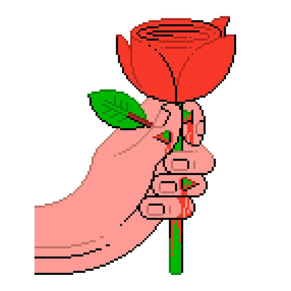 A hand holds a rose. The thorns prick at the hand, making the bleed.