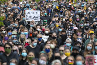 Demonstrators gather at a rally to peacefully protest and demand an end to institutional racism and police brutality, Wednesday, June 3, 2020, in Portland, Maine. (AP Photo/Robert F. Bukaty)