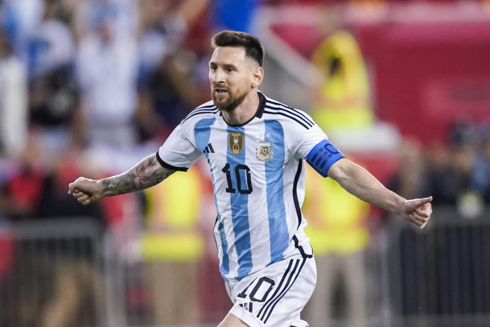 Argentina's player Lionel Messi celebrates his goal during the second half of an international friendly soccer match against Jamaica on Tuesday, Sept.  27, 2022, in Harrison, NJ (AP Photo/Eduardo Munoz Alvarez)