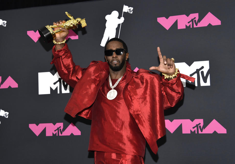 Sean "Diddy" Combs, winner of the global icon award, poses in the press room at the MTV Video Music Awards on Tuesday, Sept. 12, 2023, at the Prudential Center in Newark, N.J. (Photo by Evan Agostini/Invision/AP)