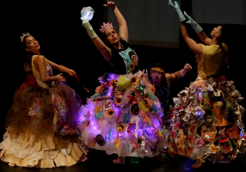 LOS ANGELES, CALIF. - JUNE 19, 2022. Rosa Rodriguez-Frazier, left, Patricia Huerta, Alfonso Cervera and Irvin Manuel Gonzalez perform Nepantla at the Odyssey Theater Ensemble in Los Angeles on Sunday, June 19, 2022. (Luis Sinco / Los Angeles Times)