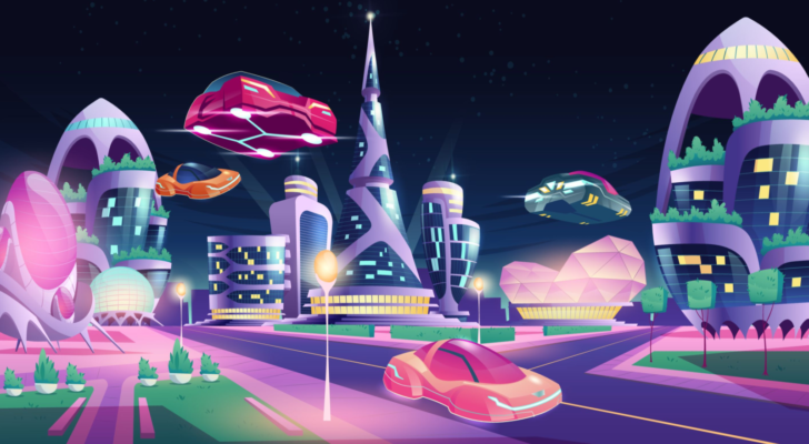 An image of a futuristic night city with flying cars and futuristic neon glowing glass buildings of unusual shapes, green plants; alien urban architecture skyscrapers, cartoon vector illustration
