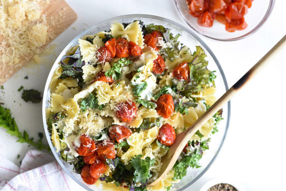 <p>Foodie Crush</p><p>This five-ingredient pasta salad has all the traditional Caesar salad flavors plus kale and cherry tomatoes too.</p><p><strong>Get the recipe:</strong><strong><a href="http://www.foodiecrush.com/kale-caesar-pasta-salad/" rel="nofollow noopener" target="_blank" data-ylk="slk:Kale Cesar Pasta Salad;elm:context_link;itc:0;sec:content-canvas" class="link "> Kale Cesar Pasta Salad</a></strong></p>