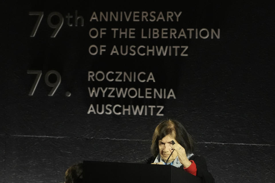 Holocaust survivor Halina Birenbaum speaks during a ceremony at the Birkenau Nazi death camp in Oswiecim, Poland, Saturday, Jan. 27, 2024. Survivors of Nazi death camps marked the 79th anniversary of the liberation of the Auschwitz-Birkenau camp during World War II in a modest ceremony in southern Poland. (AP Photo/Czarek Sokolowski)