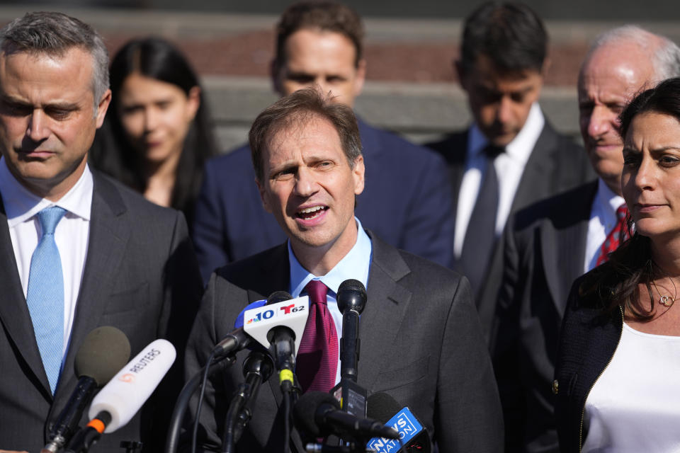 FILE - Attorney Justin Nelson, representing Dominion Voting Systems, speaks at a news conference outside New Castle County Courthouse in Wilmington, Del., after the defamation lawsuit by Dominion Voting Systems against Fox News was settled just as the jury trial was set to begin, Tuesday, April 18, 2023. (AP Photo/Julio Cortez, File)