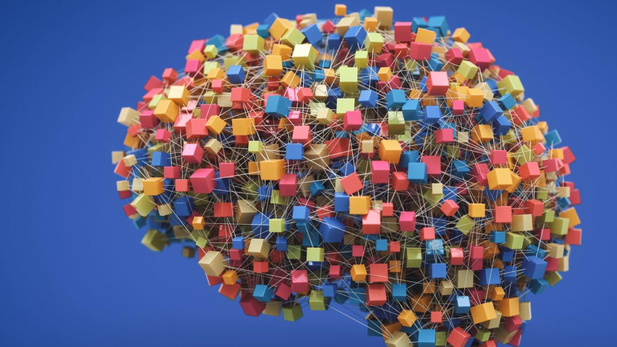  Illustration of a human brain made up of colorful boxes connected by a network of taut wires. 