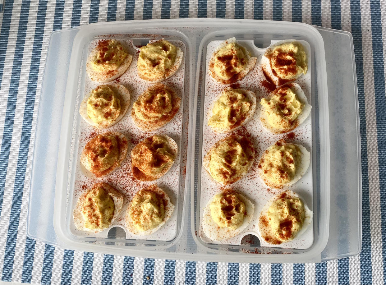 Because deviled eggs became popular as a party appetizer in the ’70s, companies began making caddies to allow for the safe transport of deviled eggs from place-to-place. (Photo: Getty Creative)