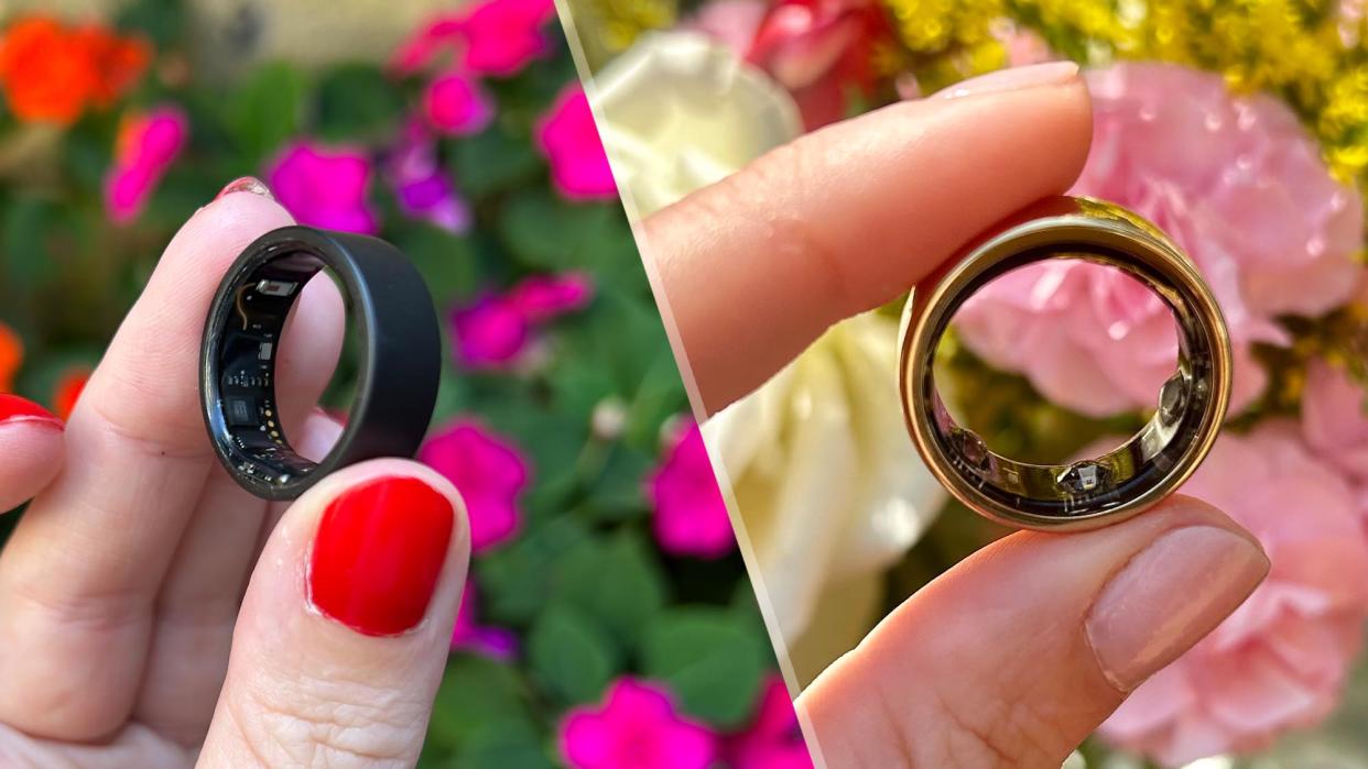  A photo of the Ultrahuman Ring Air and the Oura ring. 