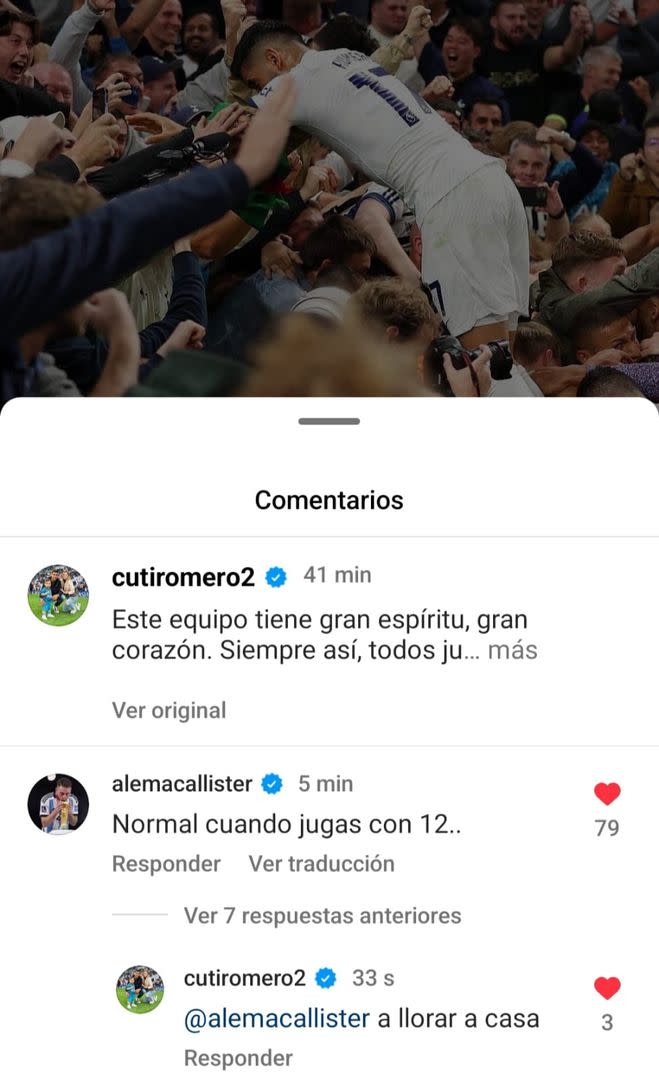 El cruce en Instagram entre Cuti Romero y Alexis Mac Allister.