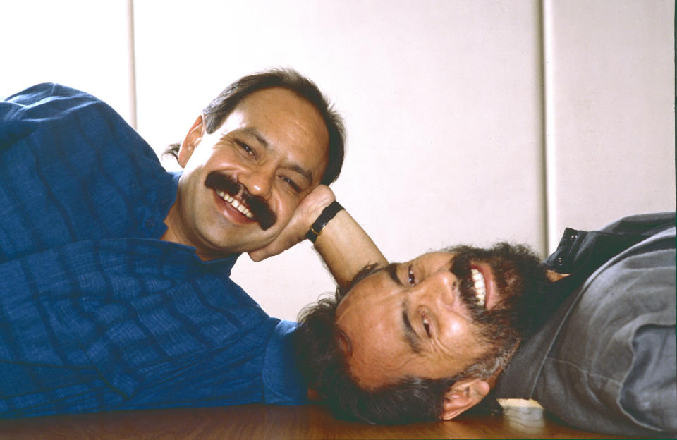 Portrait of comedians Cheech & Chong, Los Angeles, California, November 11, 1985. Pictured are American Richard 'Cheech' Marin (left) and Tommy Chong. (Photo by Bob Riha Jr./Getty Images)