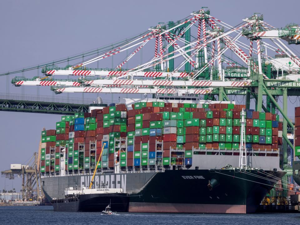 Container ships at the backlogged Port of Los Angeles in September 2021.