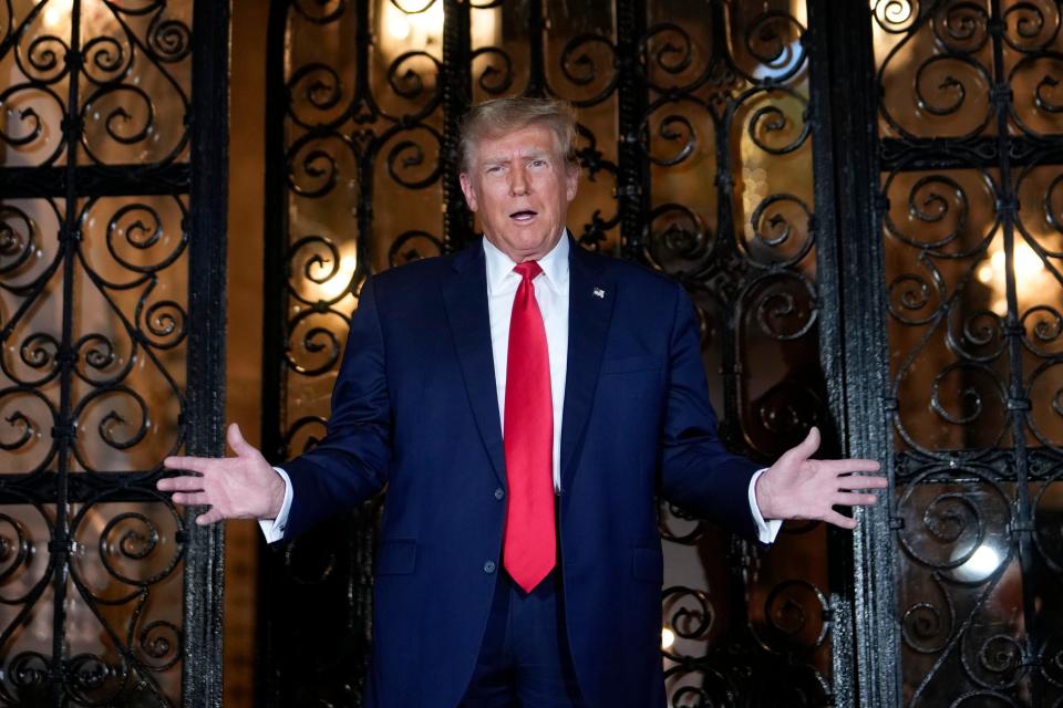 Republican presidential candidate former President Donald Trump speaks at his Mar-a-Lago estate, Friday, Feb. 16, 2024, in Palm Beach, Fla. (AP Photo/Rebecca Blackwell)