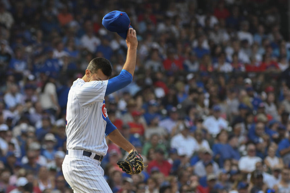 Chicago Cubs relief pitcher Steve Cishek (41) during the sixth inning of a baseball game against the St. Louis Cardinals, Friday, Sept. 20, 2019, in Chicago. (AP Photo/Matt Marton)