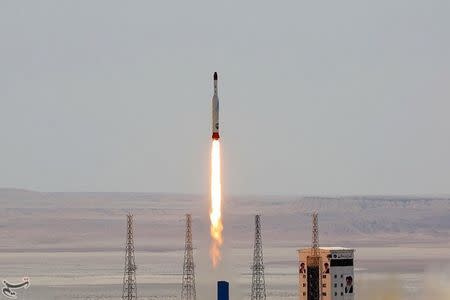 Simorgh rocket is launched and tested at the Imam Khomeini Space Centre, Iran, in this handout photo released by Tasnim News Agency on July 27, 2017. Tasnim News Agency/Handout via REUTERS