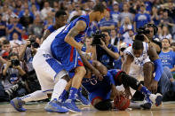 Thomas Robinson #0 of the Kansas Jayhawks with the ball as Michael Kidd-Gilchrist #14 of the Kentucky Wildcats goes after it in the first half in the National Championship Game of the 2012 NCAA Division I Men's Basketball Tournament at the Mercedes-Benz Superdome on April 2, 2012 in New Orleans, Louisiana. (Photo by Jeff Gross/Getty Images)