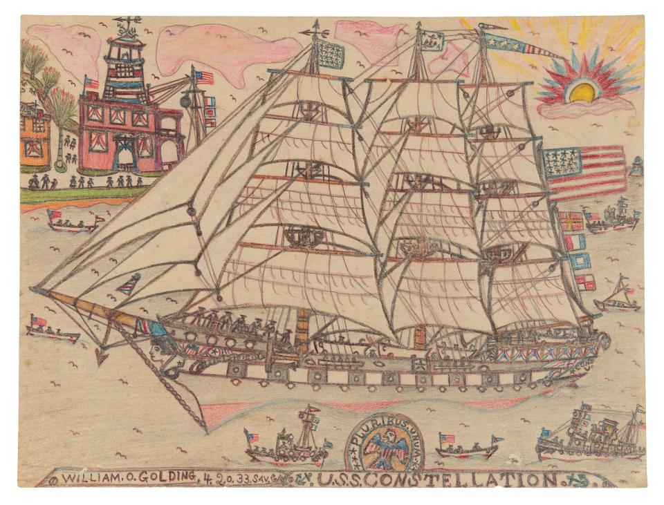 William O. Golding (American 1874-1943), U.S.S. Constellation, 1933 Pencil and crayon on paper 9 x 11 15/16 in. Telfair Museums, Museum purchase with funds provided by the Gari Melchers Collectors’ Society, 2013.3.2