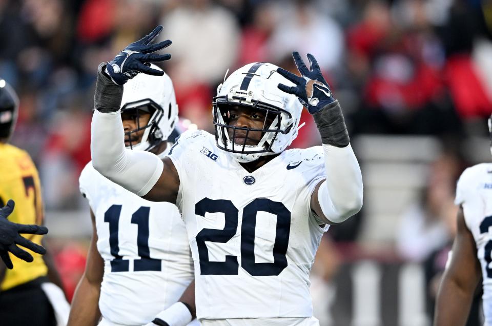 COLLEGE PARK, MARYLAND - NOVEMBER 04: Adisa Isaac #20 of the Penn State Nittany Lions celebrates a defensive stop in the third quarter at SECU Stadium on November 04, 2023 in College Park, Maryland. (Photo by Greg Fiume/Getty Images)