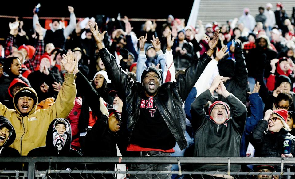 Texas Tech fans cheer after a touchdown against Cal during the 47th Radiance Technologies Independence Bowl Saturday evening, December 16, 2023, at the Independence Stadium in Shreveport, Louisiana.