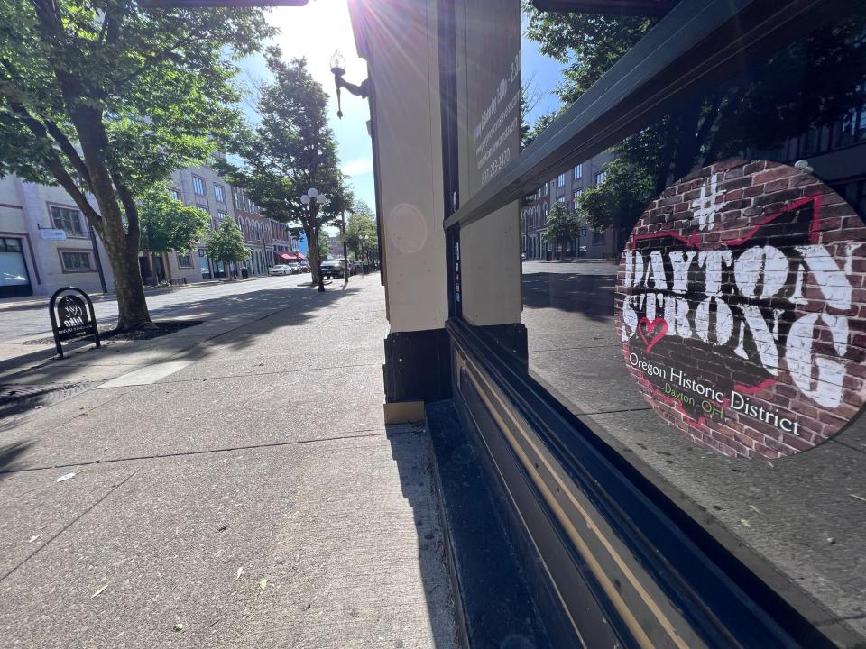 The hashtag "Dayton Strong" was the big rallying cry in the city after the 2019 shooting and there are still some decals in bar windows.