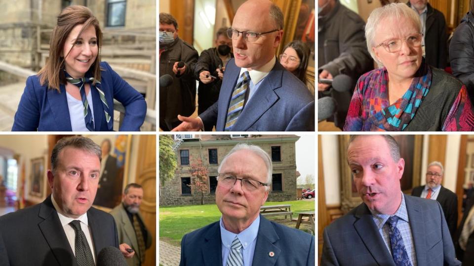From top left to right, Andrea Anderson-Mason, Trevor Holder, Dorothy Shephard, Daniel Allain, Ross Wetmore and Jeff Carr. The six PC MLAs broke ranks with Higgs in June over changes to Policy 713, the gender-identity policy for schools, and were not at Tuesday's meeting.
