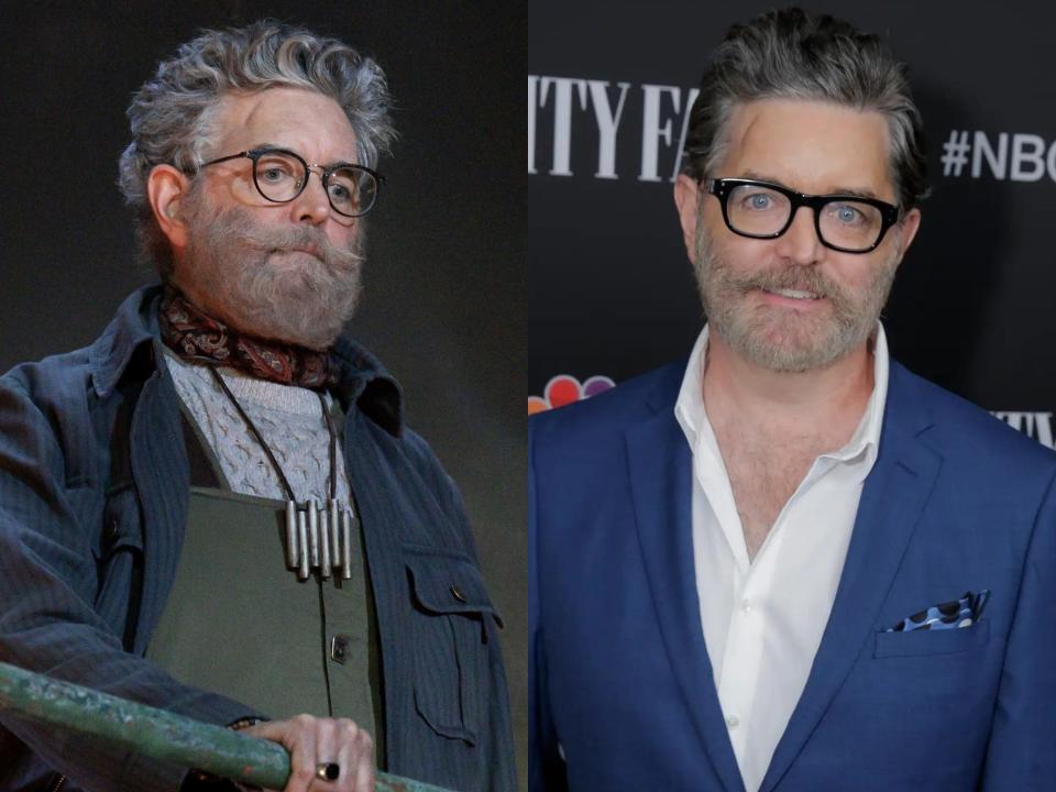 left: hephaestus in percy jackson, with grey hair, glasses, and looking serious; right: Timothy Omundson on a red carpet wearing glasses and smiling slightly
