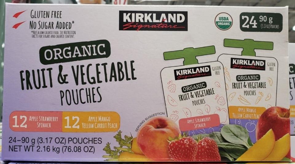 purple and white box of kirkland's fruit-and-veggie pouches at costco