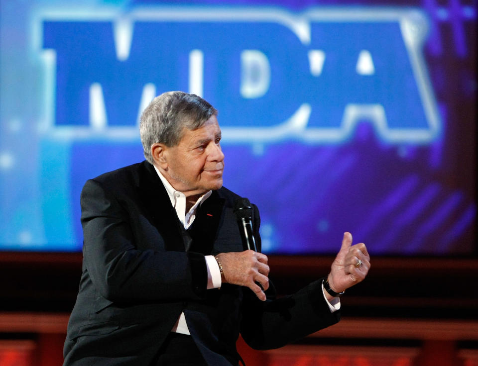 Jerry Lewis is seen here hosting 44th annual Labor Day Telethon to benefit the Muscular Dystrophy Association in 2009, in Las Vegas, Nevada. That year's telethon raised $60,481,231. (Photo: Ethan Miller/Getty Images)