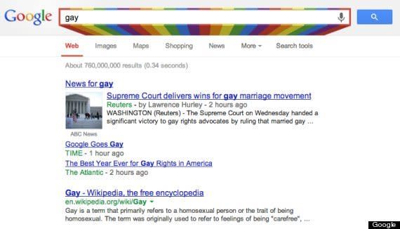 Following Pride month in June 2013, Google changed its search box to a rainbow whenever a user <a href="http://www.huffingtonpost.com/2013/06/26/google-gay_n_3503445.html" target="_blank">searched for a "LGBT"-related term.</a>