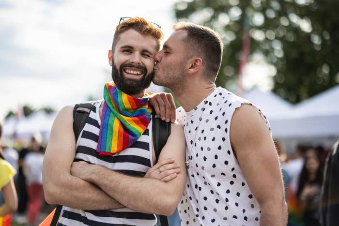 A same-sex couple kissing on the streets