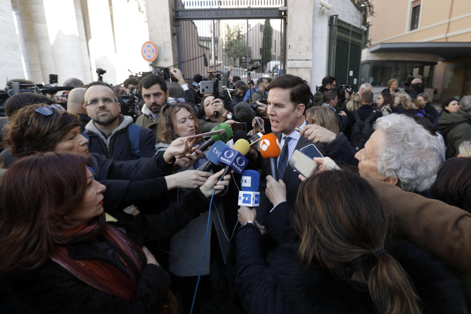 Chilean survivor Juan Carlos Cruz talks to journalists at the end of a meeting with organizers of a summit on preventing sexual abuse, at the Vatican, Wednesday, Feb. 20, 2019. A dozen survivors of clergy sexual abuse met with organizers of Pope Francis' landmark summit on preventing abuse and protecting children. (AP Photo/Gregorio Borgia)