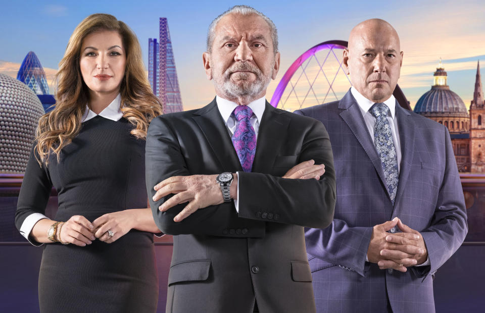 Karren Brady, Lord Sugar and Claude Littner (BBC/PA)