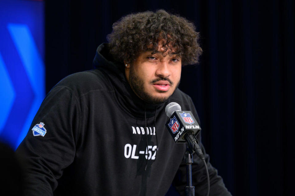 Arizona offensive lineman Jordan Morgan answers questions from the media during the NFL Scouting Combine on March 2, 2024, at the Indiana Convention Center in Indianapolis. / Credit: Zach Bolinger/Icon Sportswire via Getty Images