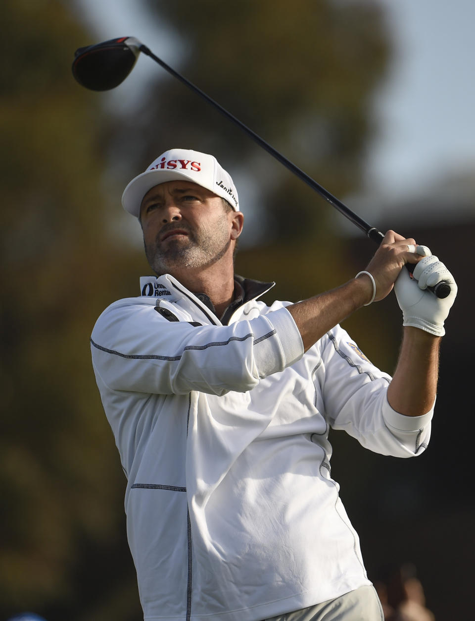 Ryan Palmer hits his tee shot on the 14th hole of the South Course at Torrey Pines Golf Course during the third round of the Farmers Insurance golf tournament Saturday, Jan. 25, 2020, in San Diego. (AP Photo/Denis Poroy)