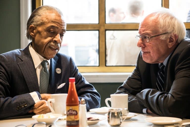 Democratic presidential candidate Bernie Sanders meets with Reverend Al Sharpton at Sylvia's Restaurant on February 10, 2016 in the Harlem neighborhood of New York