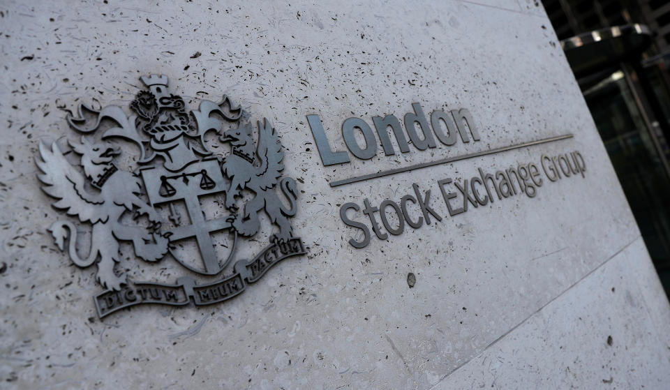 Signage is seen outside the entrance of the London Stock Exchange in London, Britain. Aug 23, 2018. REUTERS/Peter Nicholls