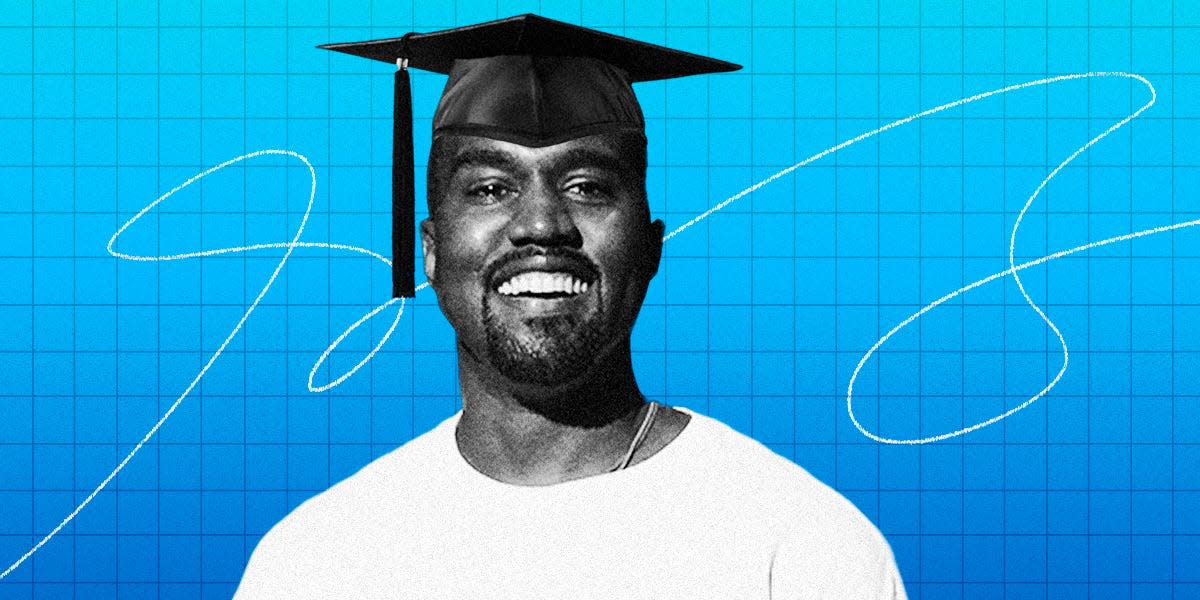 Kanye West with a graduation cap and a blue background