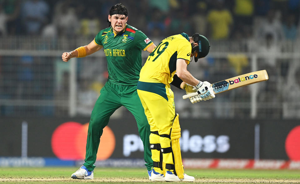 Gerald Coetzee, pictured here after dismissing Steve Smith in the Cricket World Cup semi-final against Australia.