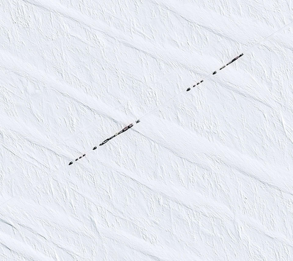 A closer look at part of the convoy in Antarctica, as seen by France's Pleiades satellite. <cite>Pléiades–CNES 2016, Distribution Airbus DS</cite>