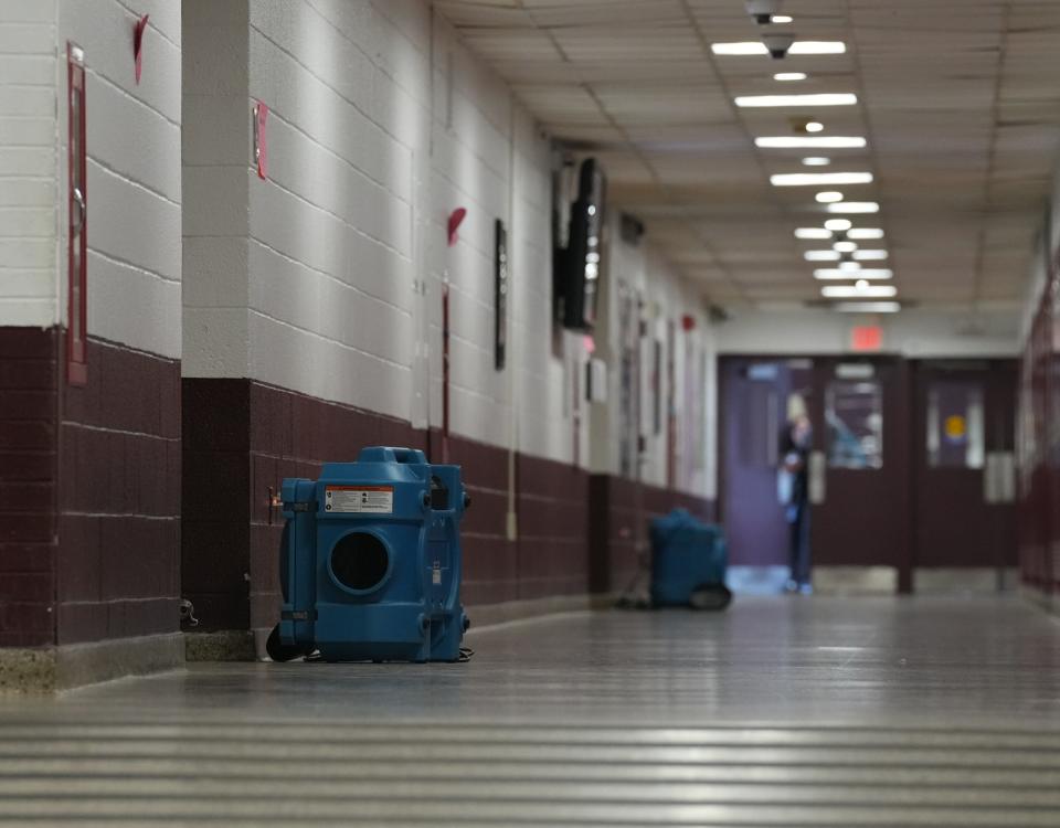 Wayne, NJ -- February 22, 2024 -- Air purifiers in the hallway at Wayne Hills HS. Wayne K-12 district officials gave a tour of three schools in advance of the $169.8 million bond referendum on March 12.