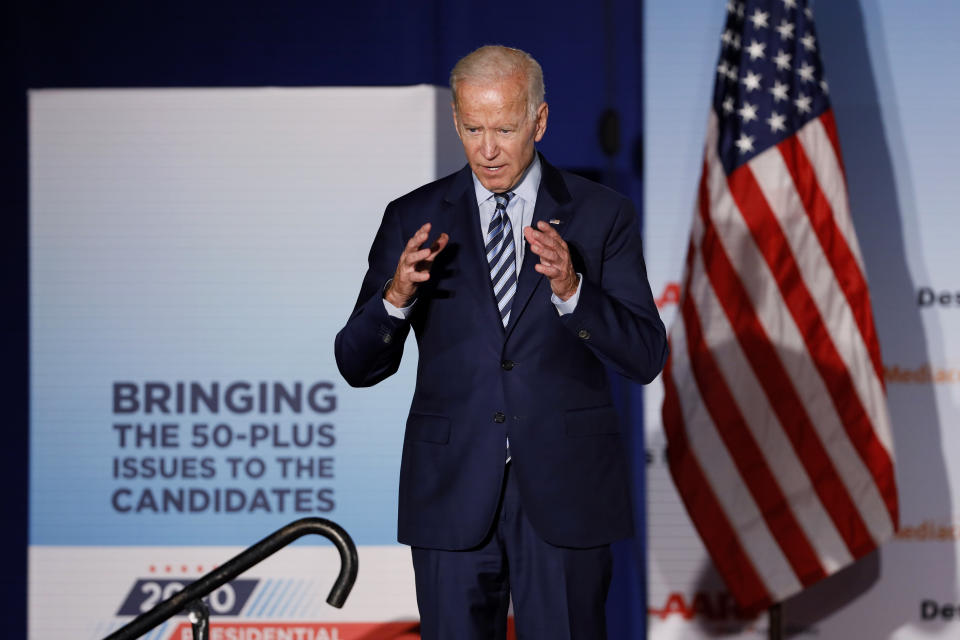 Former Vice President and Democratic presidential candidate Joe Biden speaks during a presidential candidates forum sponsored by AARP and The Des Moines Register, Monday, July 15, 2019, in Des Moines, Iowa. (AP Photo/Charlie Neibergall)